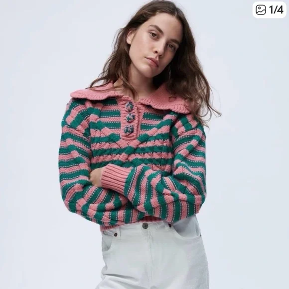 Zara Pink and Teal Striped Cowl Neck Sweater - Picture 2 of 8